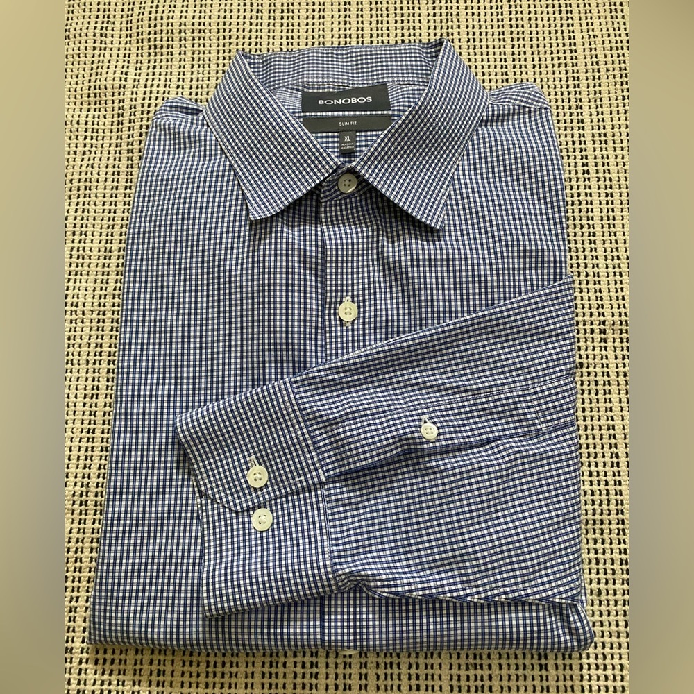 Bonobos Men’s Blue Plaid Dress Shirt, Blue, White, Size XL